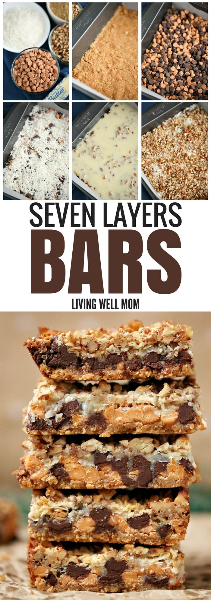 Seven Layer Magic Cookie Bars - with chocolate, butterscotch, coconut, walnuts, graham, and more, this mouthwatering cookie bar recipe is a crowd favorite. Plus it's quick and easy to make!