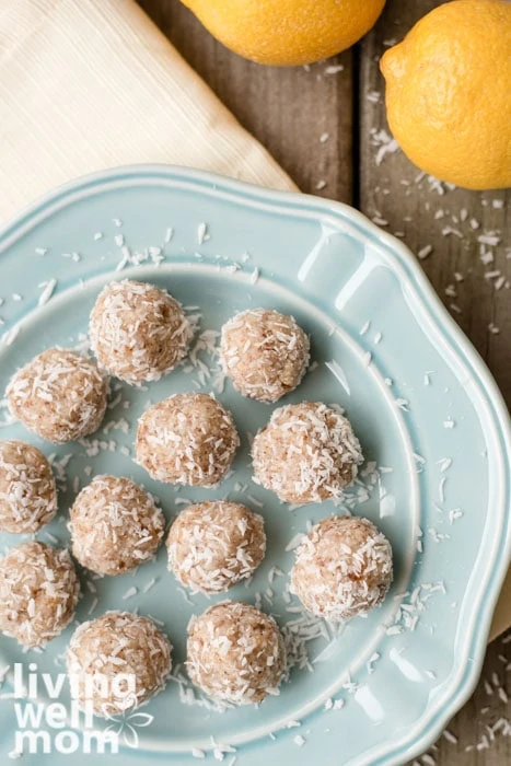 Lemon Coconut Energy Balls on a blue plate