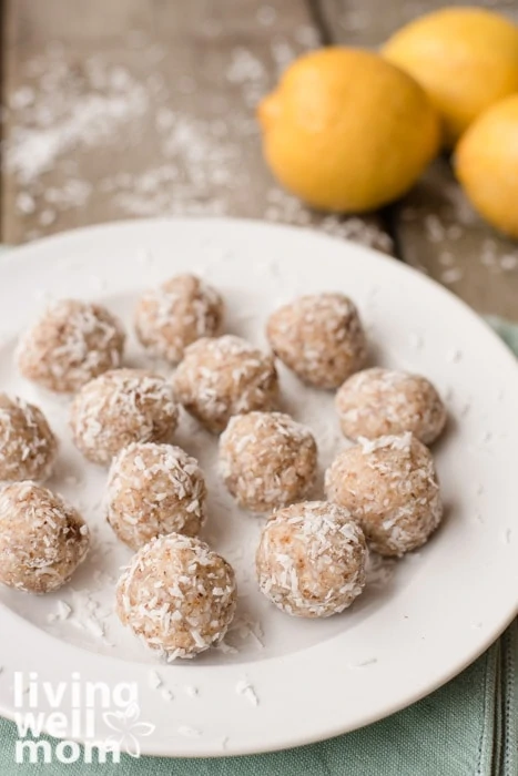 Lemon Coconut Energy Balls on a white plate