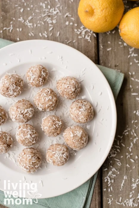 lemon coconut energy balls on a plate