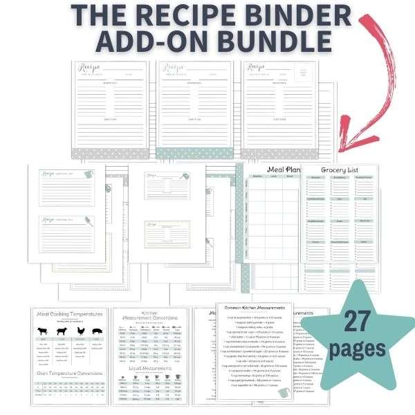 layout of pages within the 27 page PDF printable recipe binder add on