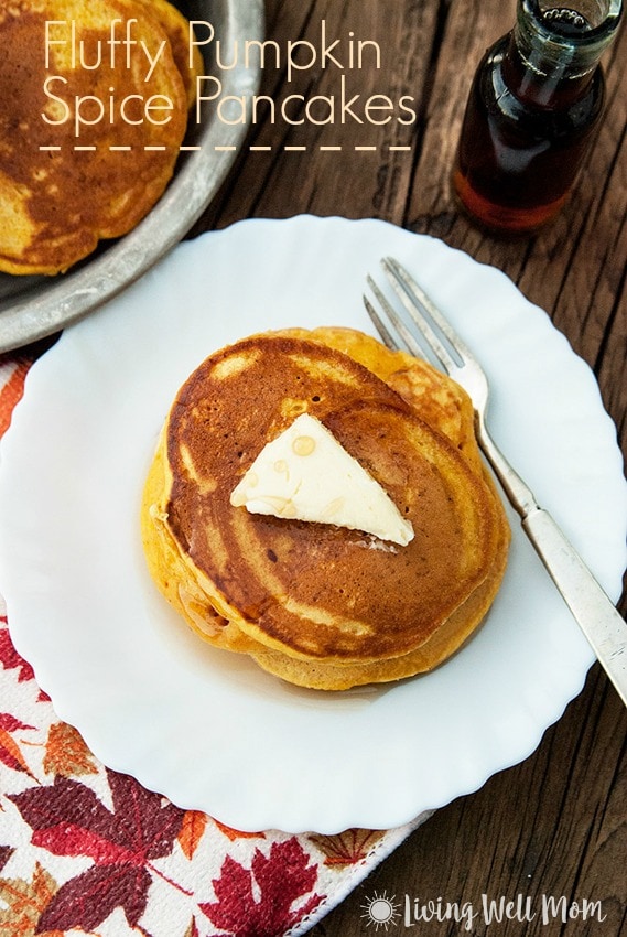 fluffy pumpkin spice pancakes on a white plate