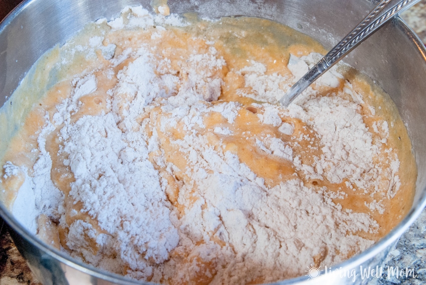 mixing pumpkin spice pancake batter