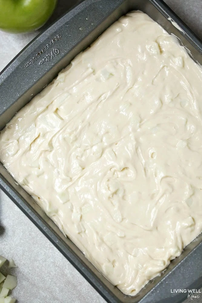 Easy coffee cake mixture spread evenly in a non stick baking pan. 