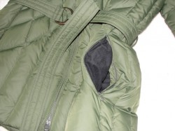 cinch and pocket of green winter coat