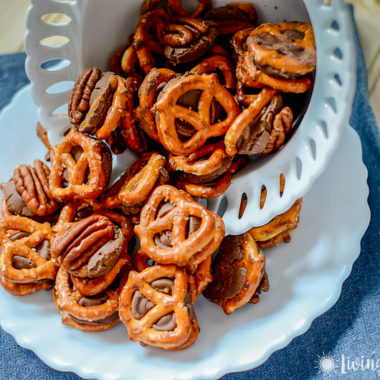 chocolate pretzels coming out of a bowl