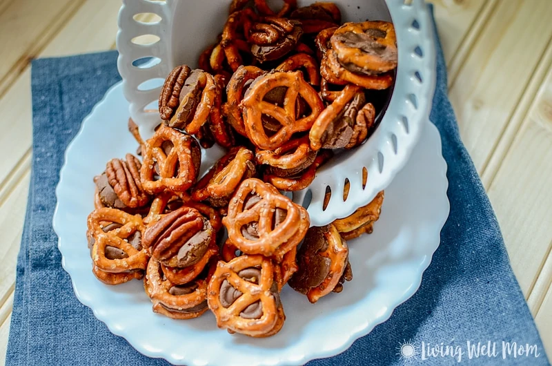chocolate pretzels coming out of a bowl 