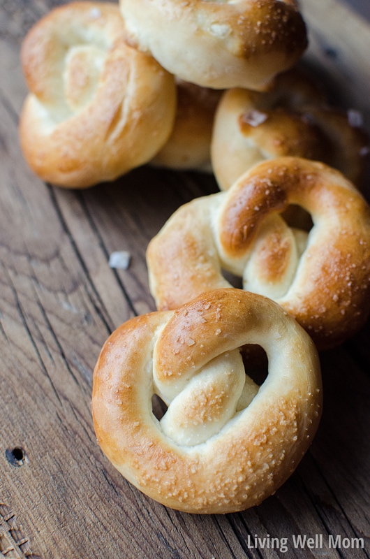 Homemade Soft Pretzels on a wooden surface. 