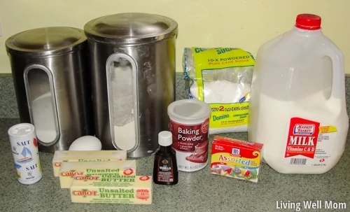 butter, salt, sugar, flour, baking powder, food coloring, powder sugar, and milk