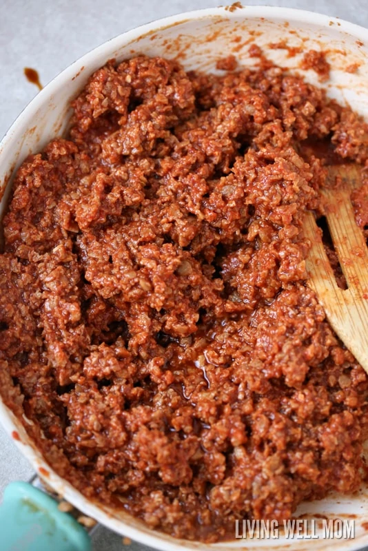 Homemade sloppy joe filling being heated on the stove. 