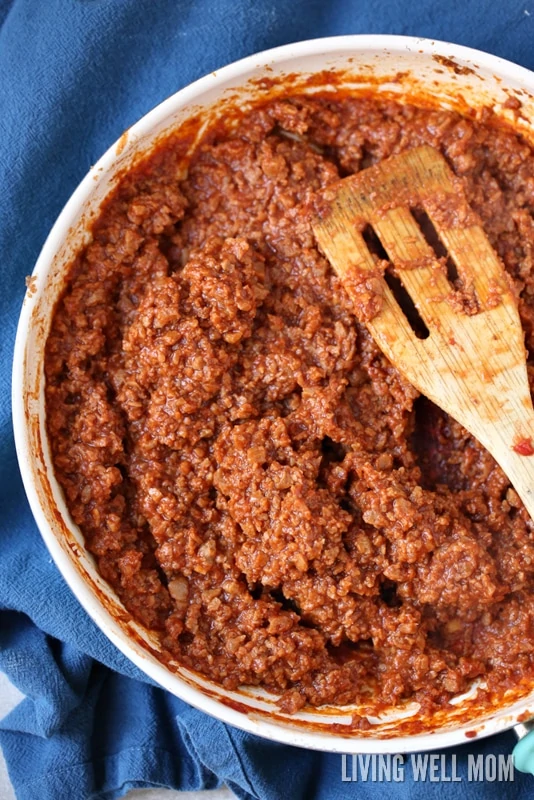 Finished sloppy joe meat in a pan, ready to serve.