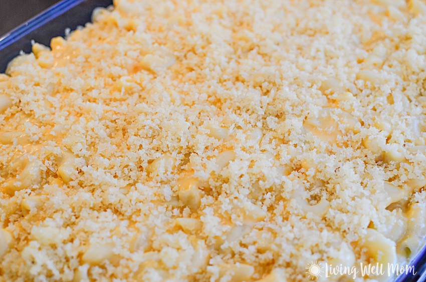 baked mac and cheese with breadcrumbs in a pan