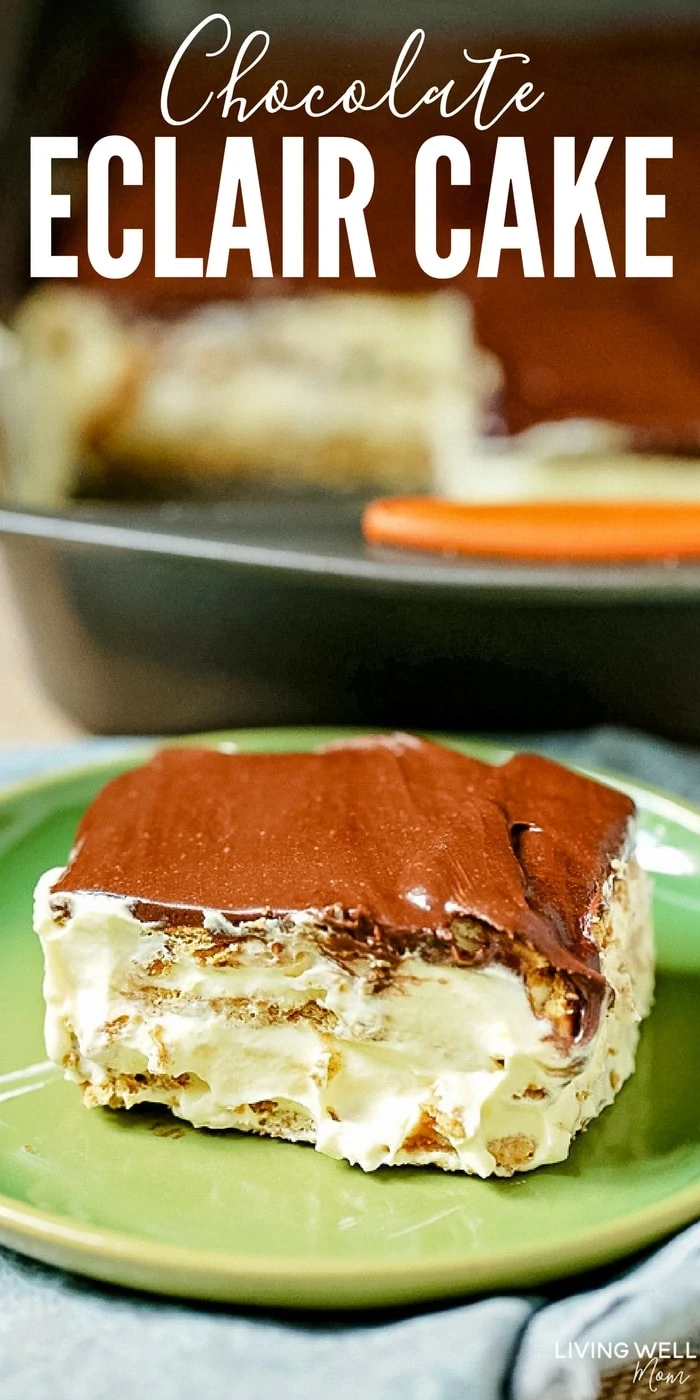 chocolate eclair cake with text