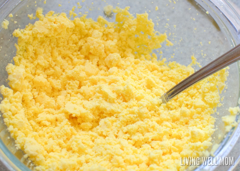 crumbled hard boiled egg yolks in a bowl