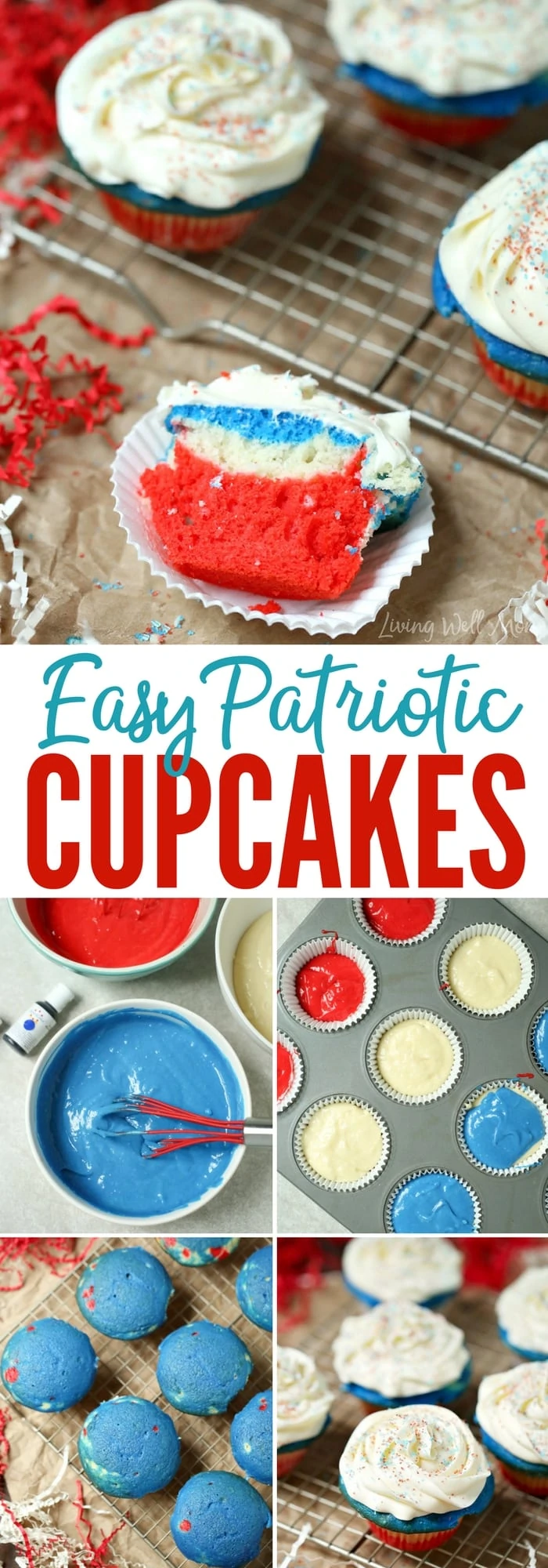 collection of photos making easy patriotic cupcakes