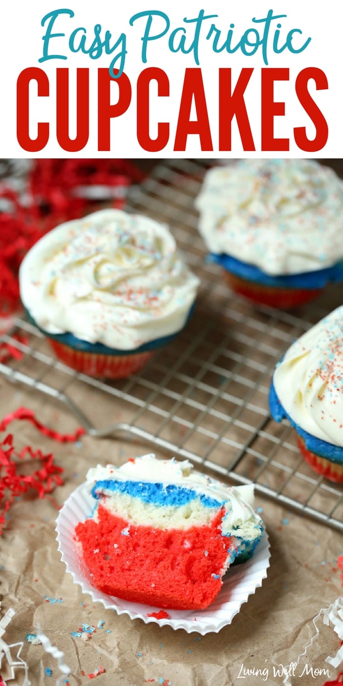 half of a red white blue patriotic cupcake on wrapper with other cupcakes on wire rack in background