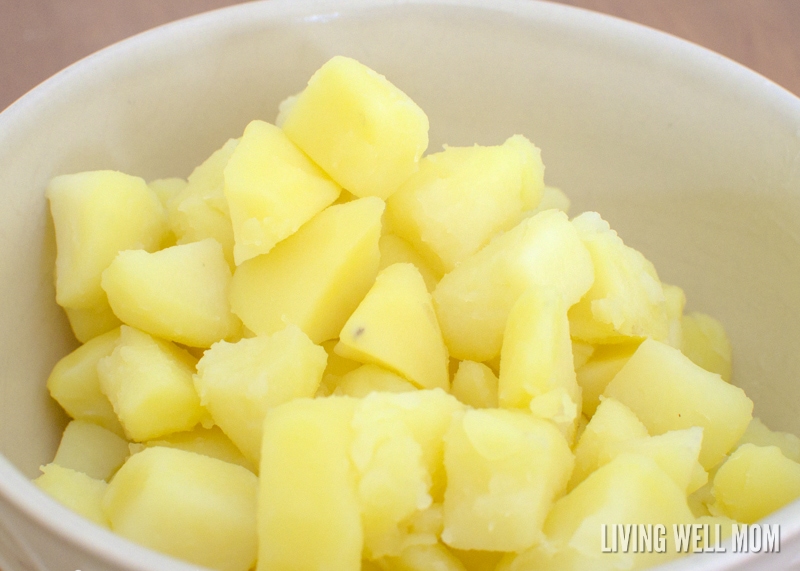 chopped cooked potatoes in a bowl