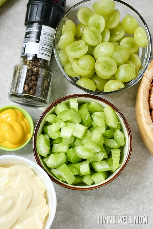 This delicious Almond Chicken Salad has slivered almonds, grapes, celery, and hard-boiled eggs tossed with cooked chicken and combined with mayo, sour cream, and seasoning. It's perfect for a delicious lunch or even enjoyed as supper on a hot summer day.