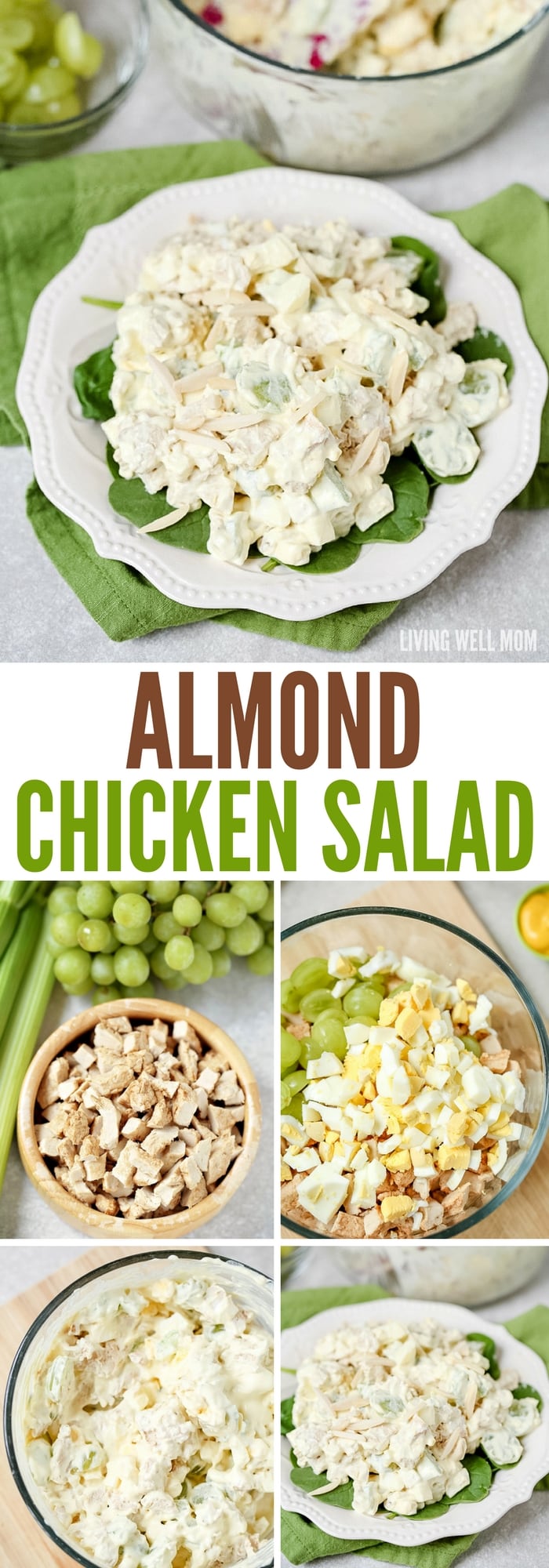 This delicious Almond Chicken Salad has slivered almonds, grapes, celery, and hard-boiled eggs tossed with cooked chicken and combined with mayo, sour cream, and seasoning. It's perfect for a delicious lunch or even enjoyed as supper on a hot summer day.