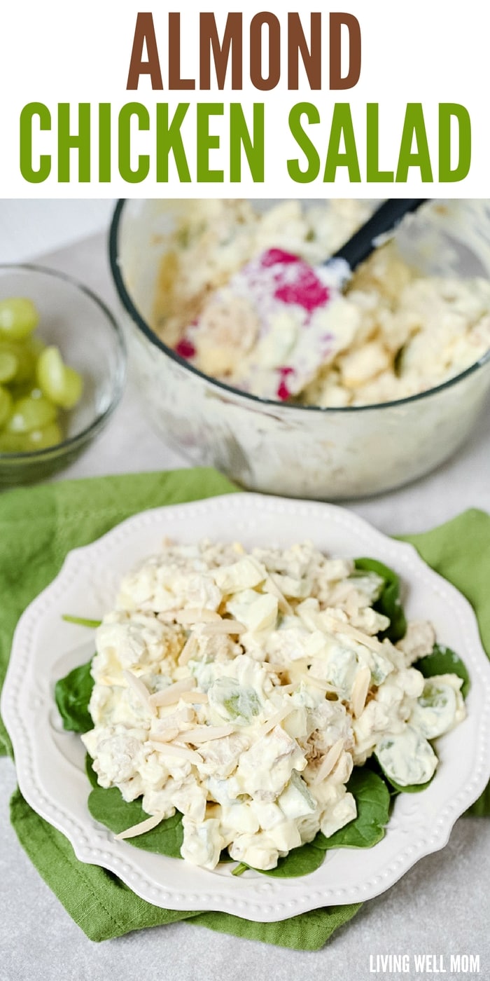 This delicious Almond Chicken Salad has slivered almonds, grapes, celery, and hard-boiled eggs tossed with cooked chicken and combined with mayo, sour cream, and seasoning. It's perfect for a delicious lunch or even enjoyed as supper on a hot summer day.