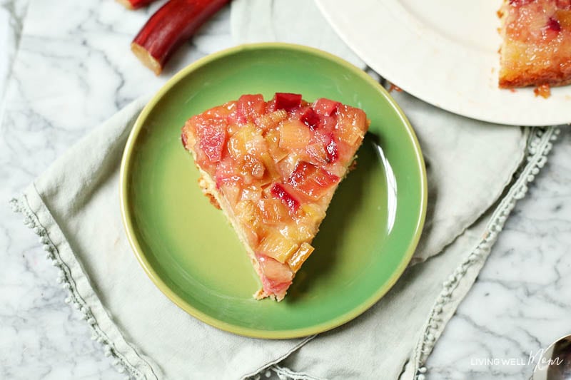 slice of rhubarb upside down cake on a green plate