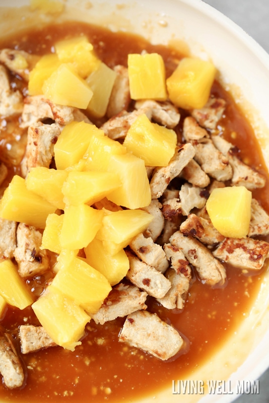 pineapple chunks and chicken in a sweet and salty sauce