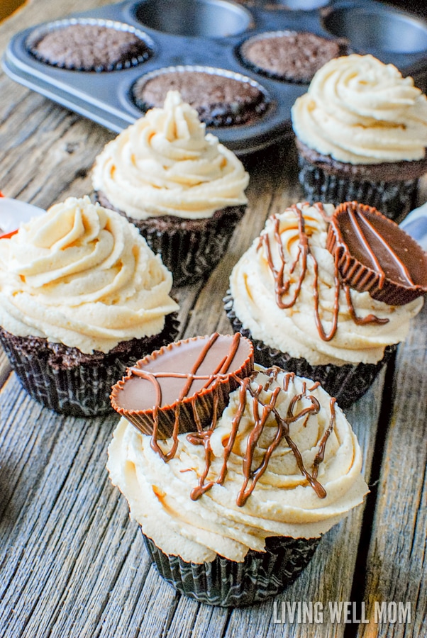 Chocolate Hazelnut Cupcakes with Peanut Butter Cup Frosting - this simple recipe is dessert heaven for chocolate and peanut butter lovers with a peanut butter cream cheese frosting and peanut butter cups drizzled with chocolate!