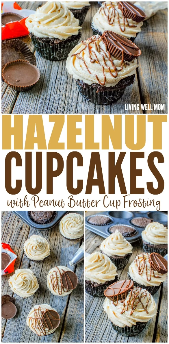 Chocolate Hazelnut Cupcakes with Peanut Butter Cup Frosting - this simple recipe is dessert heaven for chocolate and peanut butter lovers with a peanut butter cream cheese frosting and peanut butter cups drizzled with chocolate!