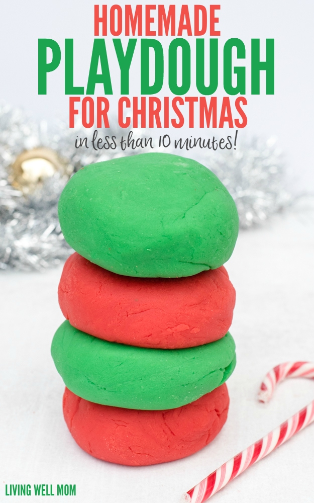 This easy homemade playdough for Christmas takes just 5 minutes and 6 simple ingredients to make! It’s a perfect homemade Christmas gift or stocking stuffer that kids love! Get the easy step-by-step recipe here: