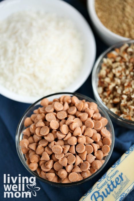 magic cookie bar ingredients - butterscotch, butter, nuts, coconut