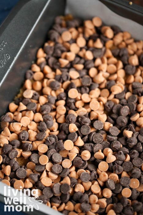 chocolate and butterscotch chips mixed in a baking pan