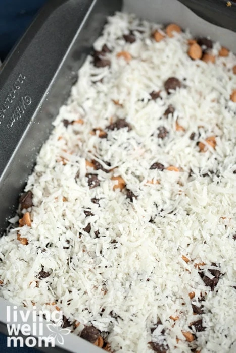 layer of shredded coconut on seven layer bars