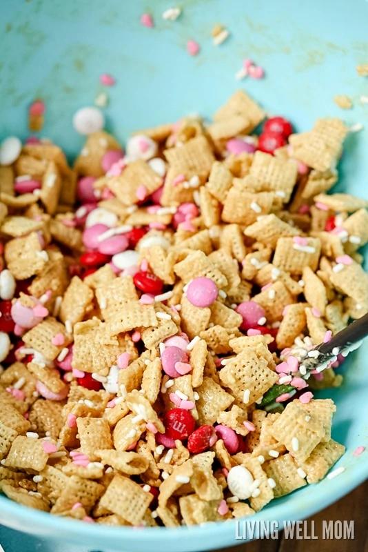valentine's day Chex mix with m&m's and sprinkles