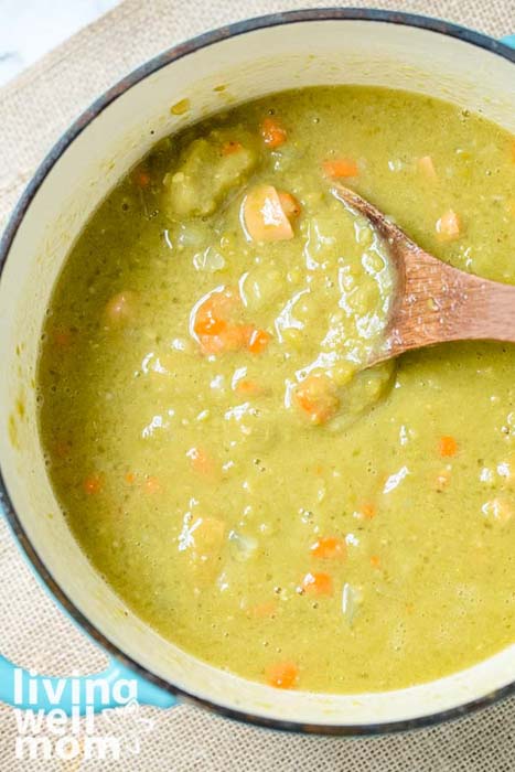 pea soup with ham made in a dutch oven on the stovetop