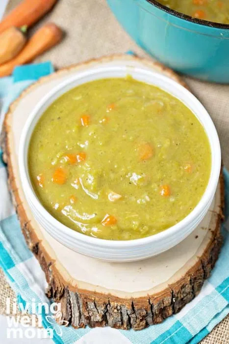 creamy split pea soup in a bowl
