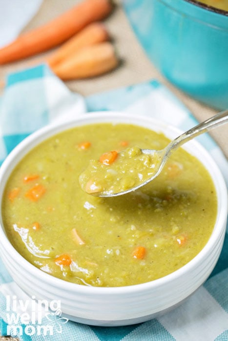 spoonful of split pea soup over a bowl