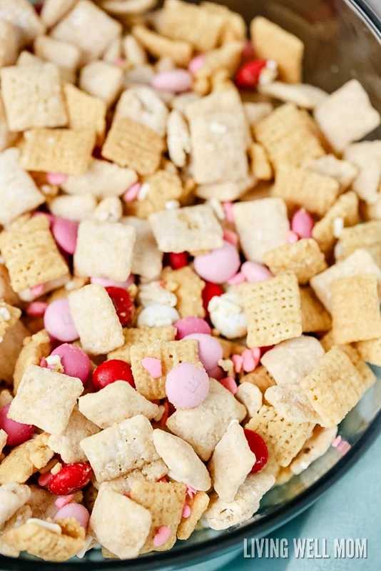 puppy chow combined with valentines chex mix