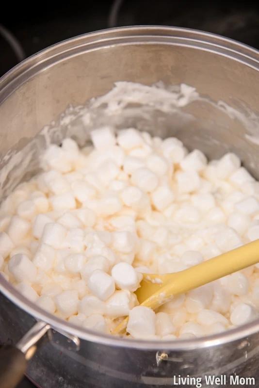 Mixing melted marshmallows in a pan