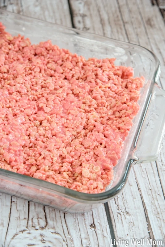 Strawberry Rice Krispie treats in a 9x13 baking dish