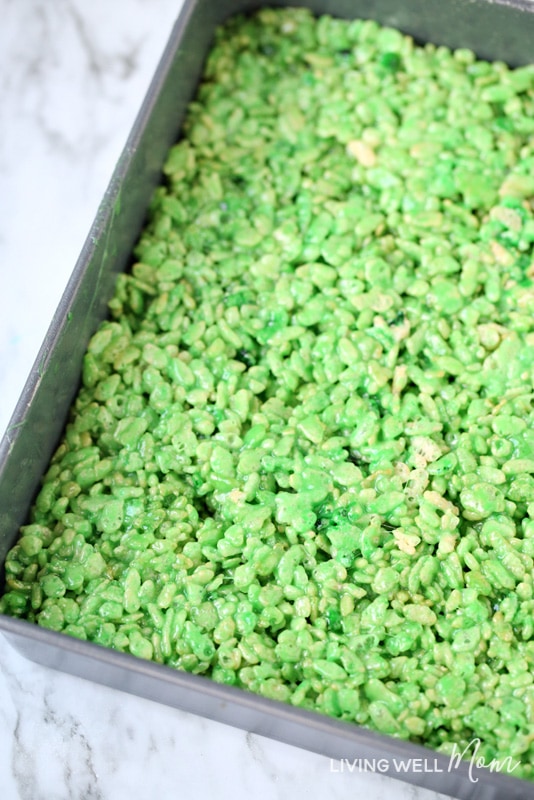a pan of green rice krispies treats