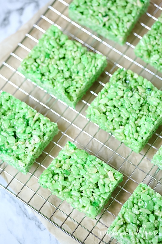 Green Rice Krispie Treats Cooling On A Rack 
