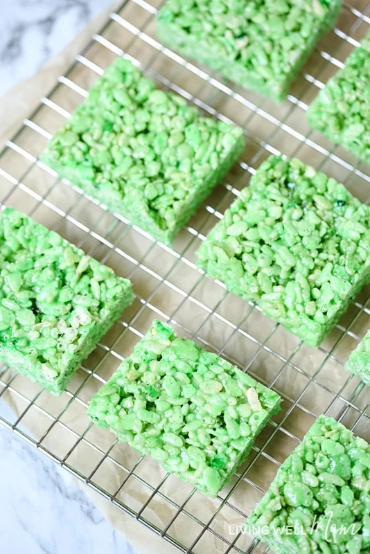 Green Rice Krispie Treats Cooling On A Rack 