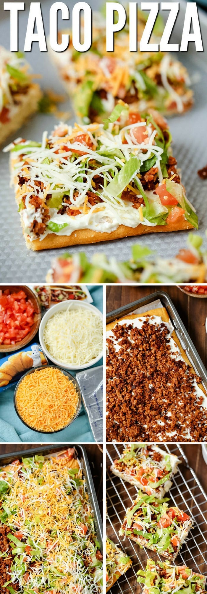 Homemade taco pizza topped with sour cream, ground beef, lettuce, tomatoes and cheese.