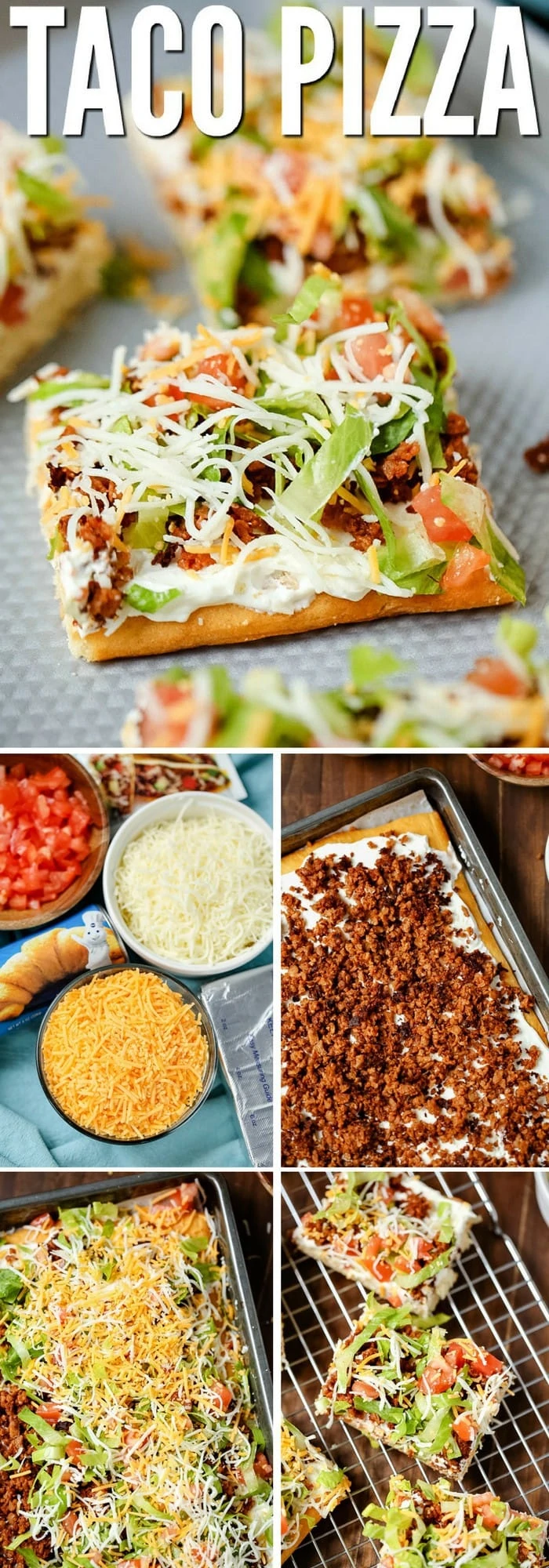 Homemade taco pizza topped with sour cream, ground beef, lettuce, tomatoes and cheese.