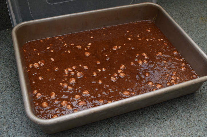 chocolate cake batter in pan