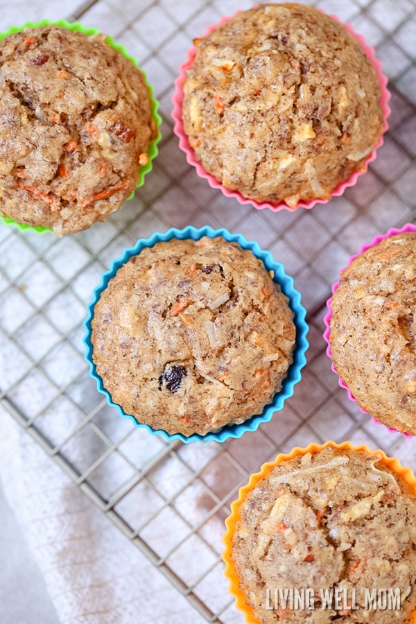 This easy Morning Glory Muffins recipe is chock full of good stuff, like carrots, apples, flaxseed, pecans, coconut, and raisins. It’s perfect as a filling snack for kids or mom too!