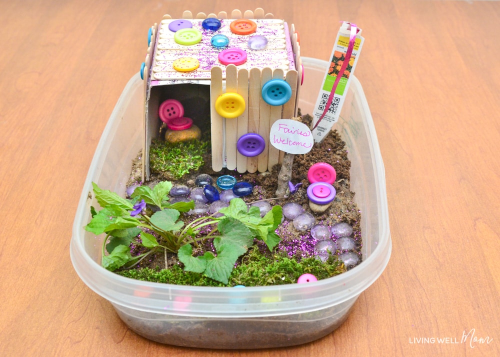 Completed DIY fairy house in a plastic container. 