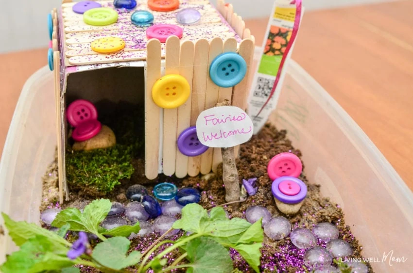 popsicle stick fairy house with dirt plants buttons and fairies welcome sign