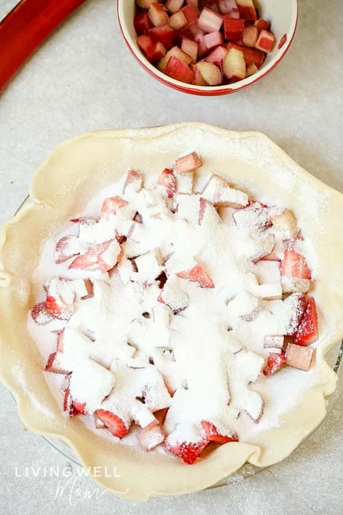 sugar flour mixture in strawberry rhubarb pie filling