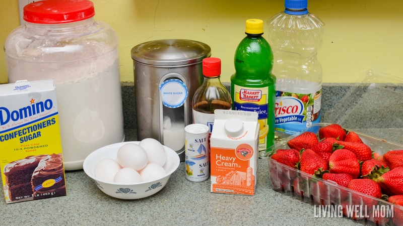 ingredients for a made from scratch cake with strawberries